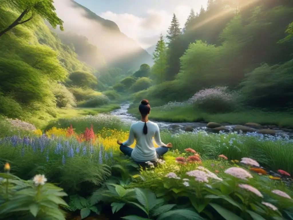 Meditación para bienestar integral en Uruguay: persona meditando en un bosque tranquilo con flores silvestres y un arroyo sereno