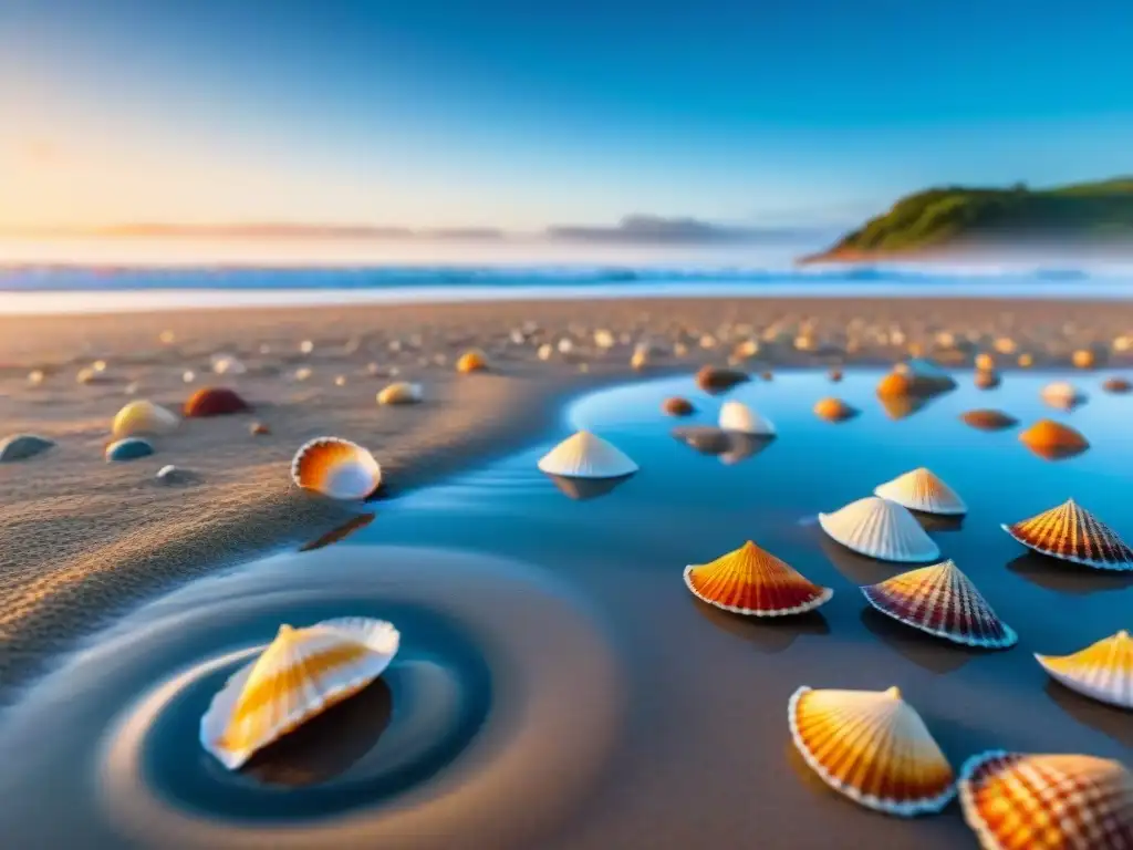 Bienestar integral en Uruguay con prácticas ecoamigables: playa serena al amanecer, olas suaves y conchas coloridas en la arena