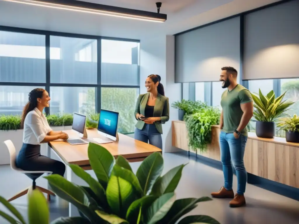 Promover bienestar laboral en Uruguay: Empleados sonrientes colaborando en un moderno espacio de oficina con plantas y luz natural