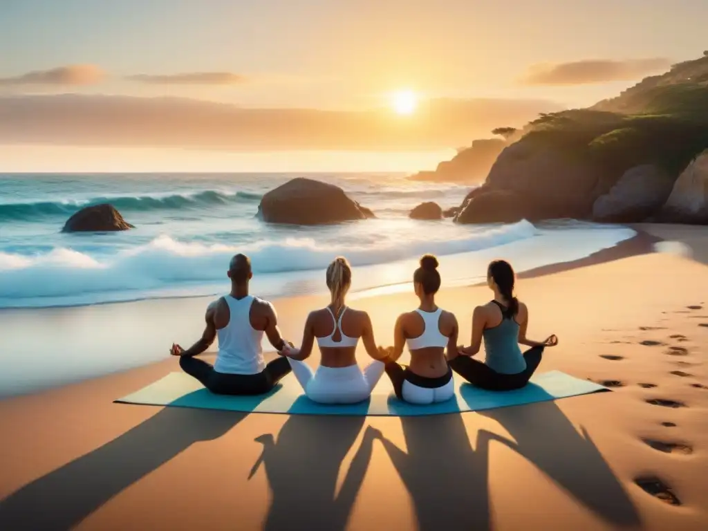 Práctica de yoga para bienestar mental en la playa de Uruguay al atardecer, en armonía con la naturaleza