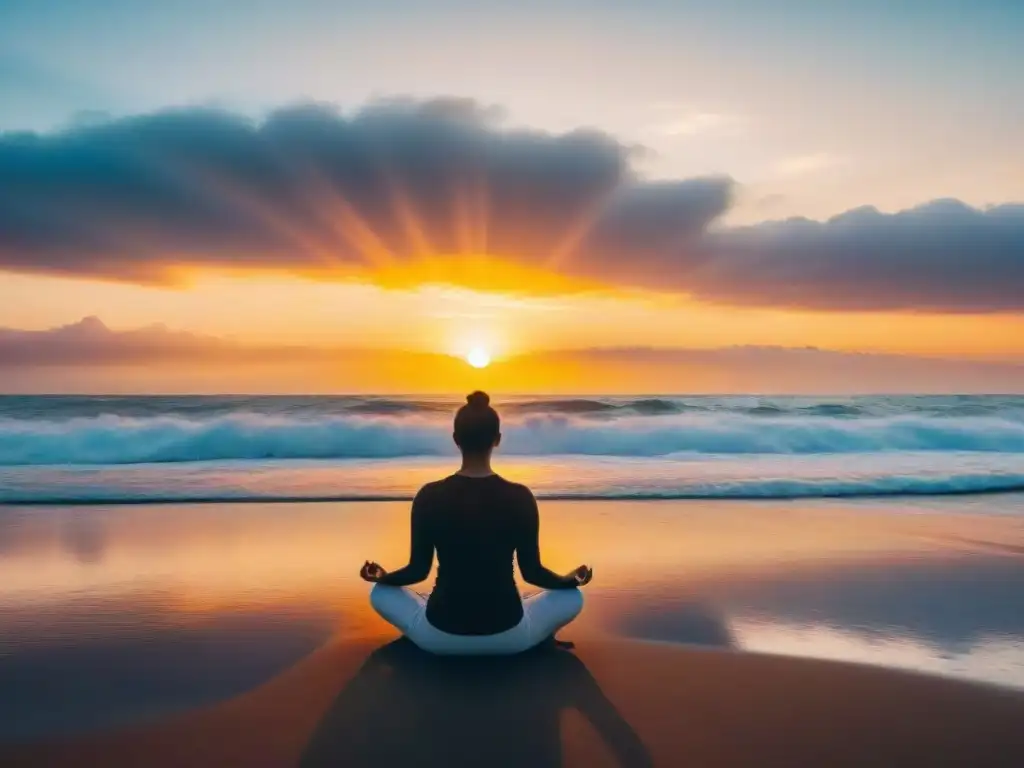 Practicando mindfulness en Uruguay: Apps bienestar en una playa serena al atardecer