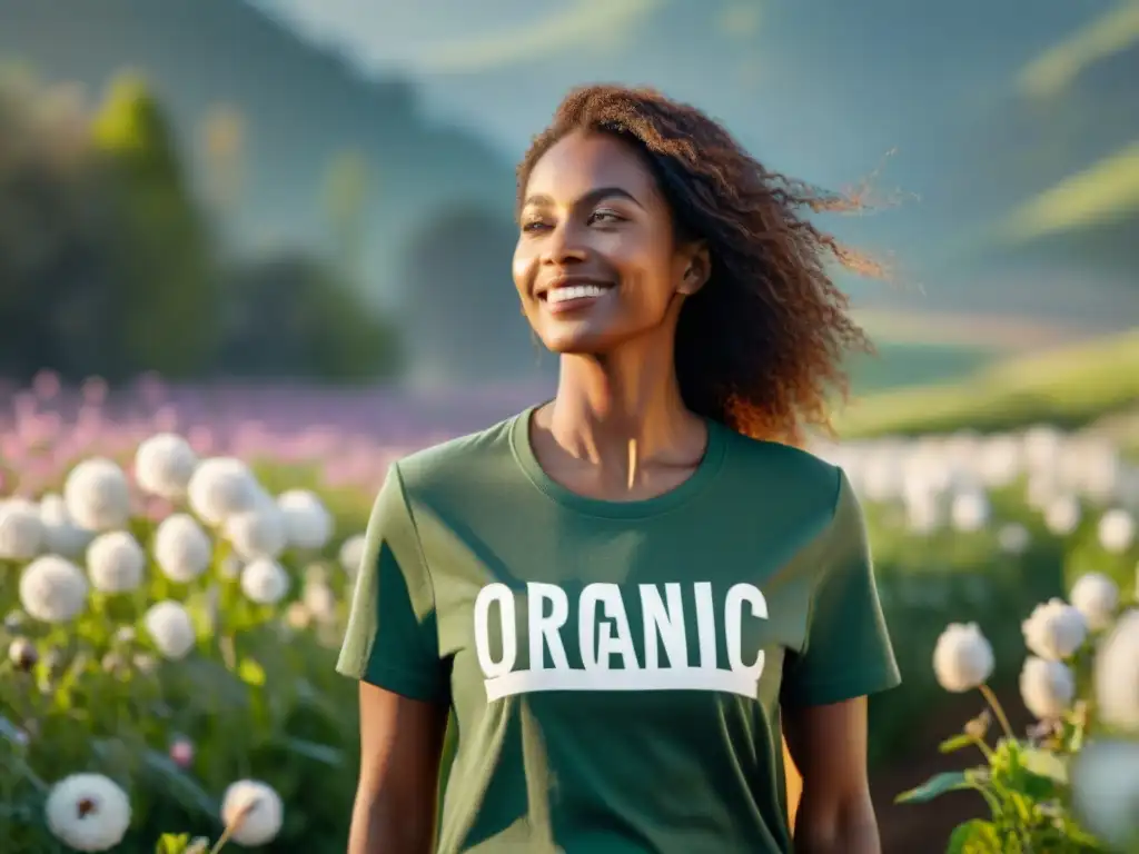 Disfrutando del bienestar con ropa orgánica en Uruguay, en un campo verde y florido bajo la luz del sol