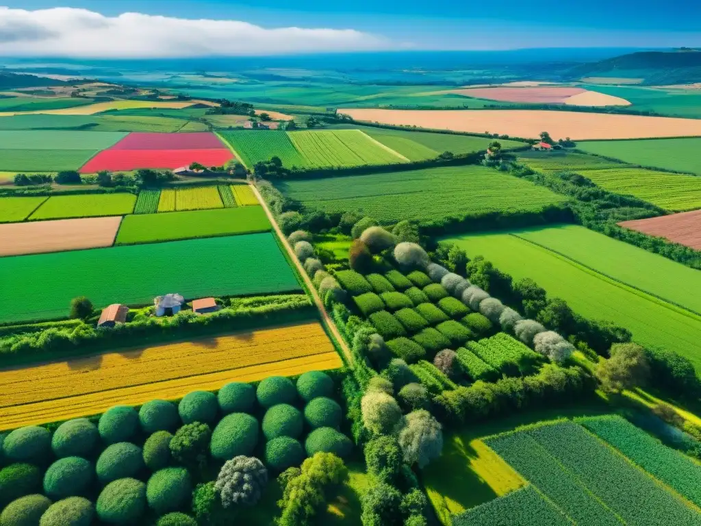 Bienestar rural en Uruguay: Vista aérea de campos verdes y comunidad rural en armonía bajo cielo azul