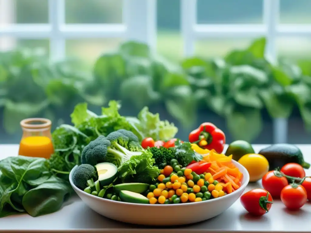 Un bol de ensalada vibrante y colorida con verduras frescas en un ambiente cálido