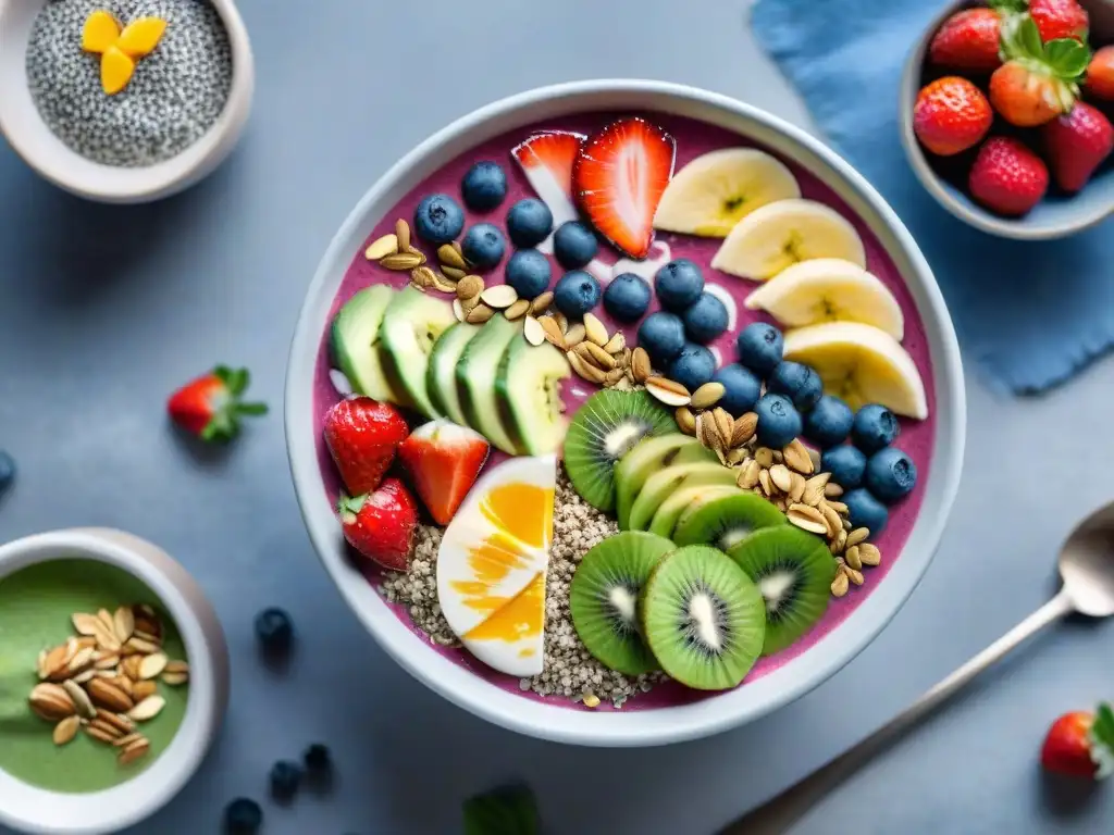 Un bol de smoothie vibrante y nutritivo con frutas frescas, semillas de chía, granola y miel, sobre una encimera de mármol con ingredientes esparcidos