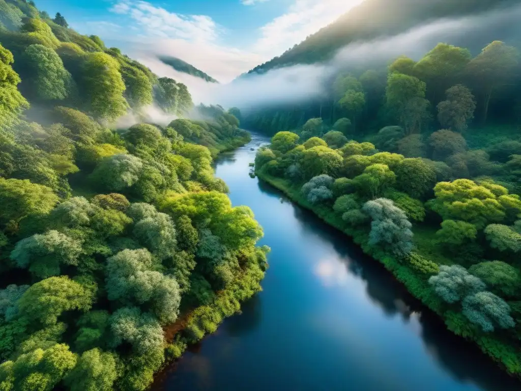 Un bosque exuberante con árboles diversos y follaje vibrante bajo un cielo azul