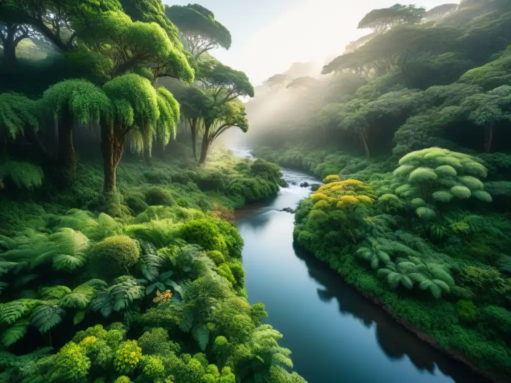 Un bosque exuberante en Uruguay con un arroyo cristalino y flora nativa, iluminado por el sol