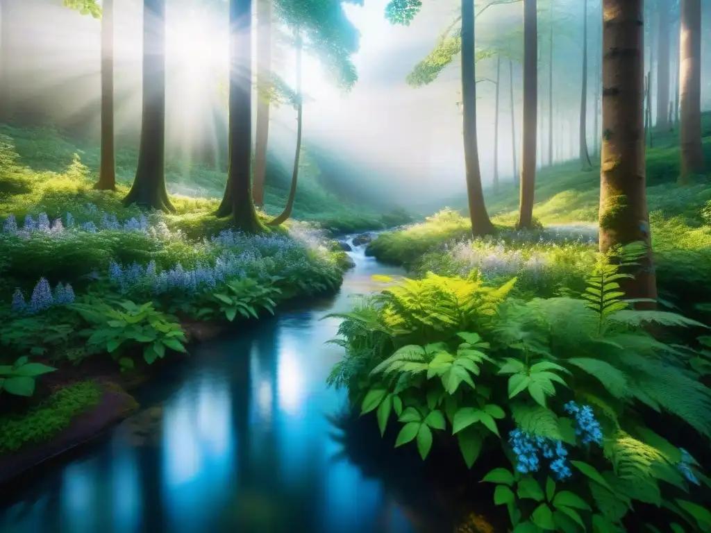 Un bosque exuberante bañado por la luz del sol, con un arroyo serpenteante y flores silvestres