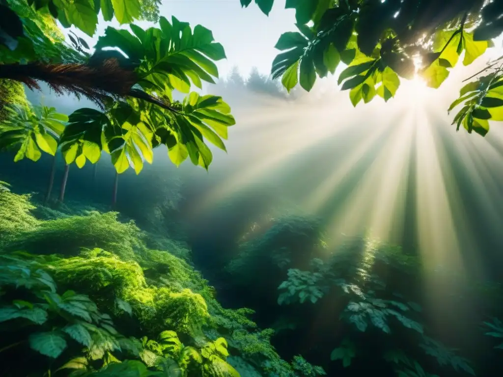 Un bosque exuberante bañado por rayos dorados de sol, mostrando la belleza y tranquilidad de la naturaleza