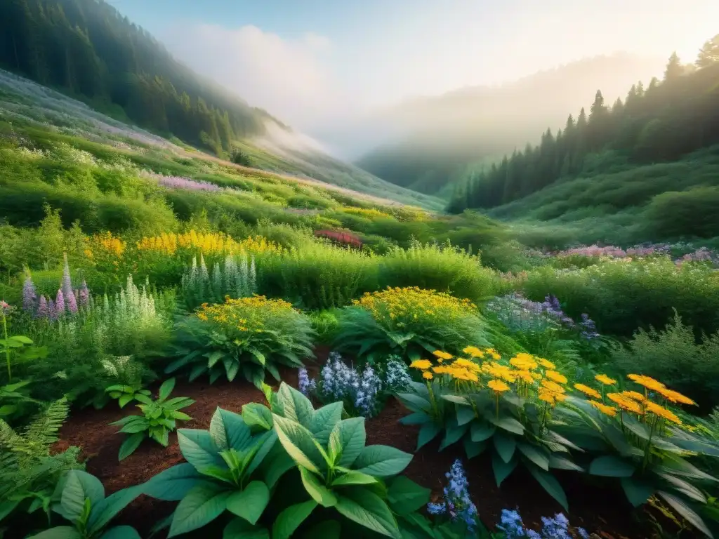 Un bosque exuberante y colorido con flores silvestres, destacando la pureza de ingredientes naturales frente a los tóxicos en productos de belleza