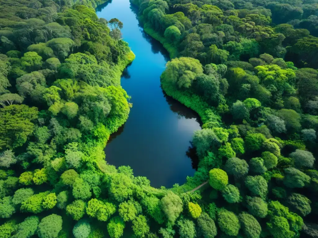 Un bosque exuberante en Uruguay con diversa vegetación y vida silvestre, un cielo azul claro y un arroyo