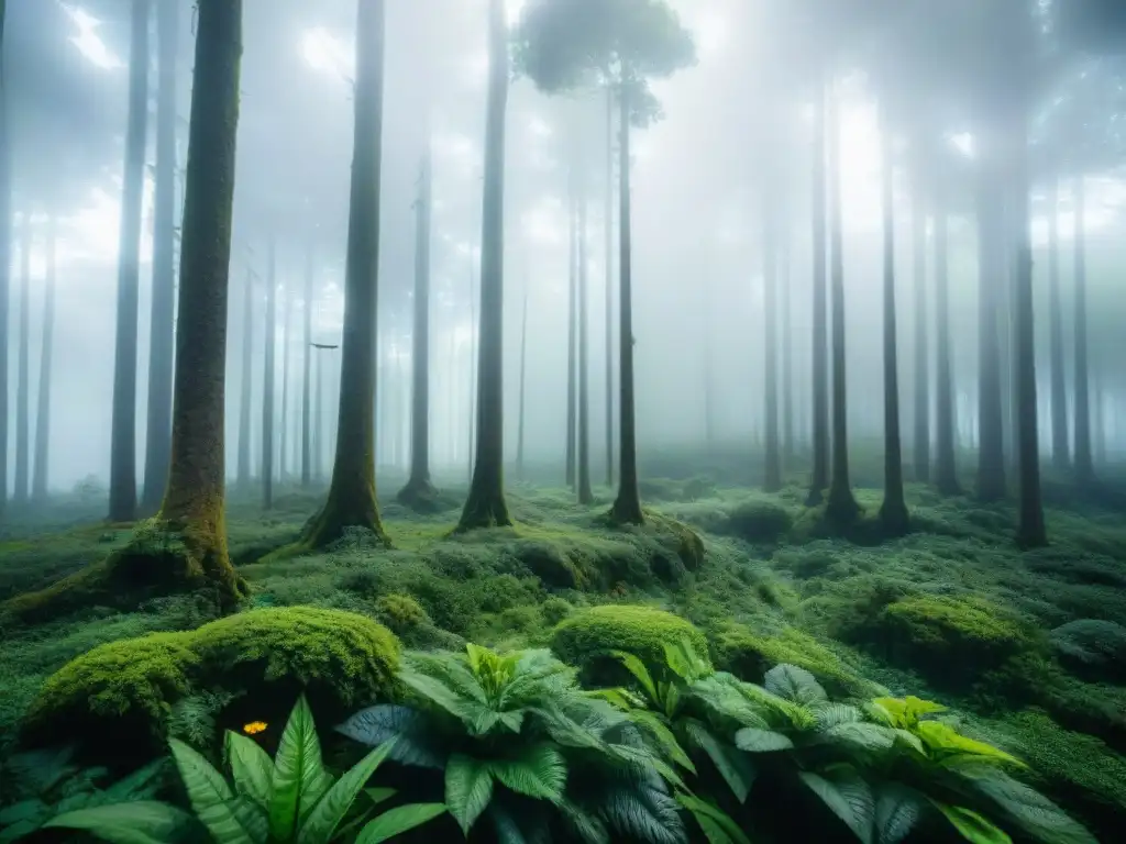 Bosque exuberante en Uruguay, repleto de flora y fauna, con luz filtrándose entre el dosel