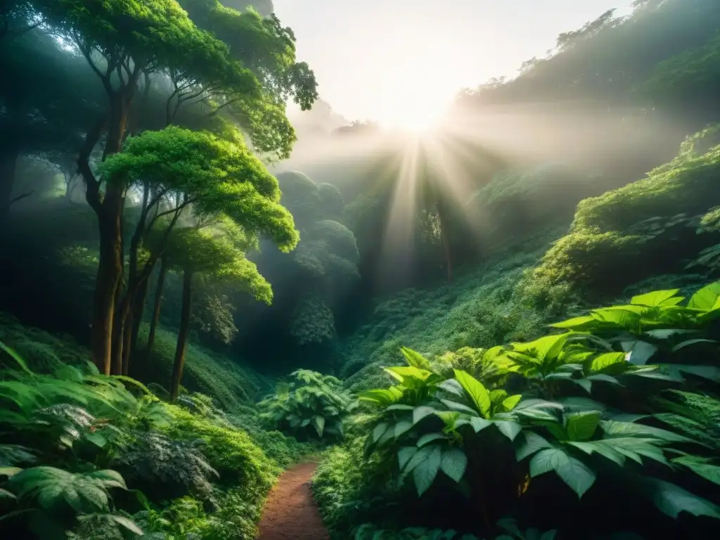 Un bosque exuberante iluminado por el sol, simbolizando la belleza de reducir desperdicio vida sostenible