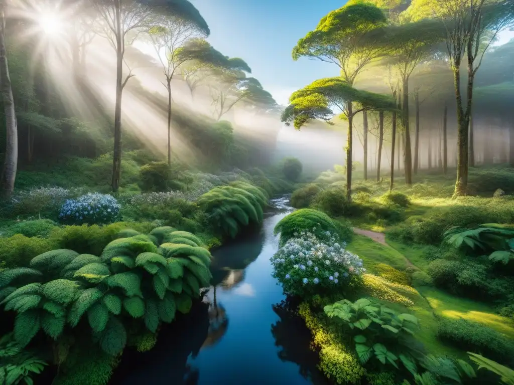 Un bosque exuberante en Uruguay, con luz filtrándose entre el dosel y un arroyo sereno reflejando el cielo azul