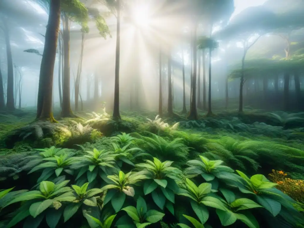 Un bosque exuberante en Uruguay con luz filtrada entre hojas, reflejando tranquilidad