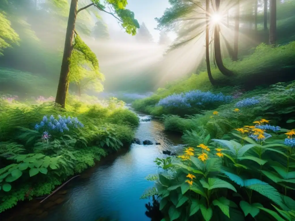 Un bosque exuberante con luz solar filtrándose entre el dosel, reflejando serenidad y los beneficios de la ecotherapy en Uruguay