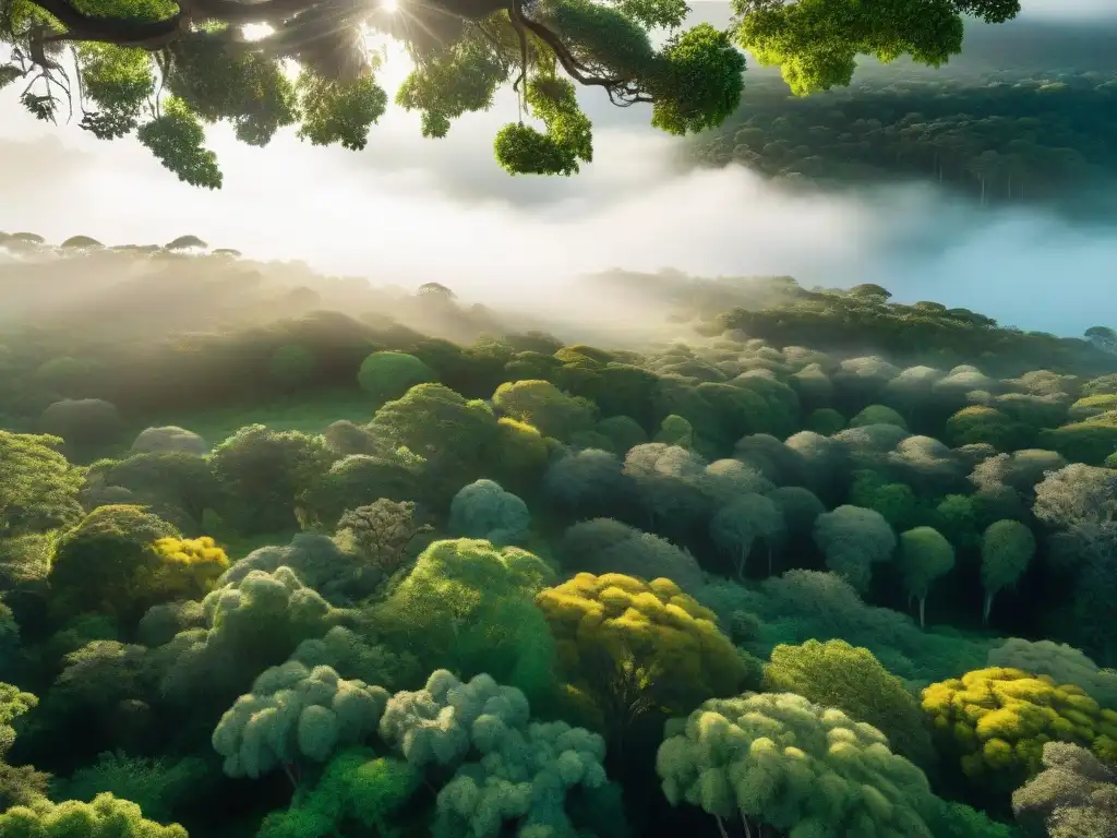 Un bosque exuberante en Uruguay, con luz solar entre el dosel destacando la vibrante flora y fauna