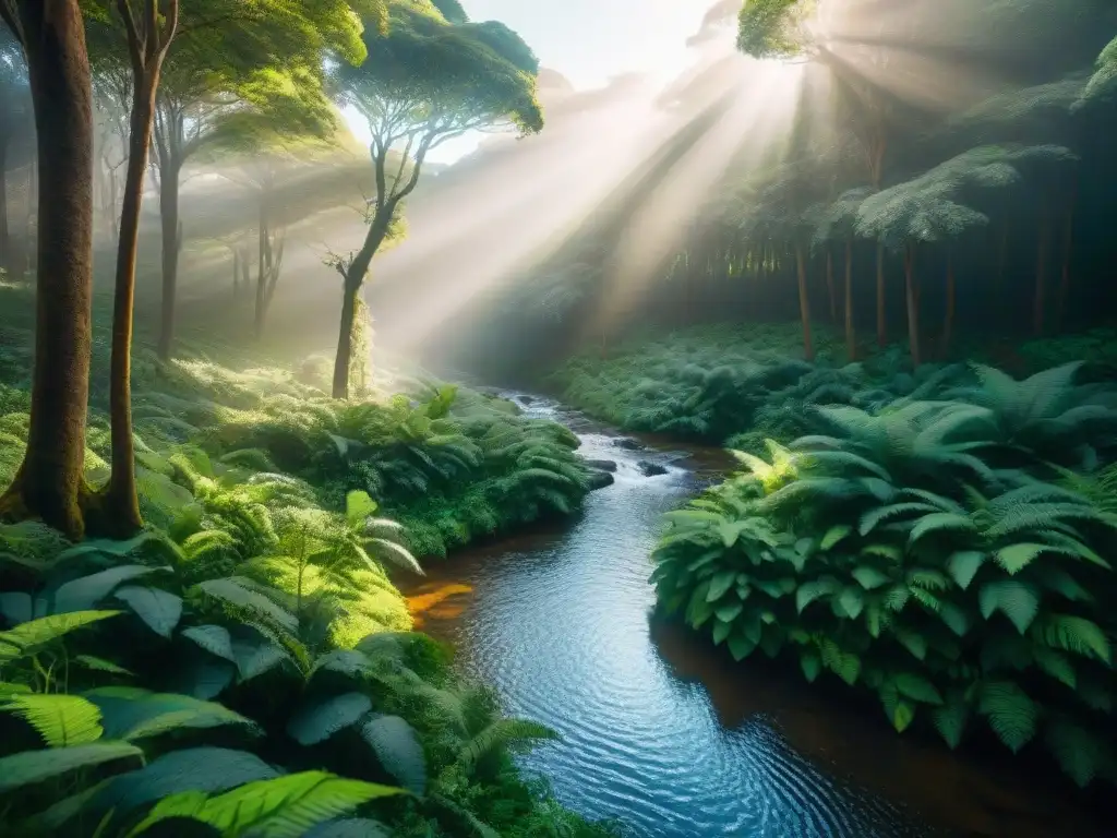 Bosque exuberante en Uruguay con luz solar entre la densa vegetación y arroyo serpenteante, transmitiendo adaptabilidad y resiliencia