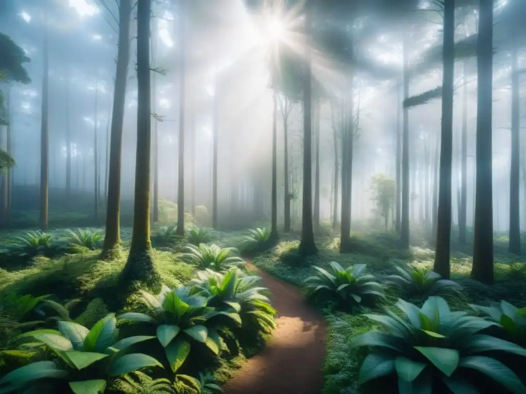 Bosque exuberante de Uruguay con luz solar filtrándose entre el dosel, resaltando flora y fauna vibrantes