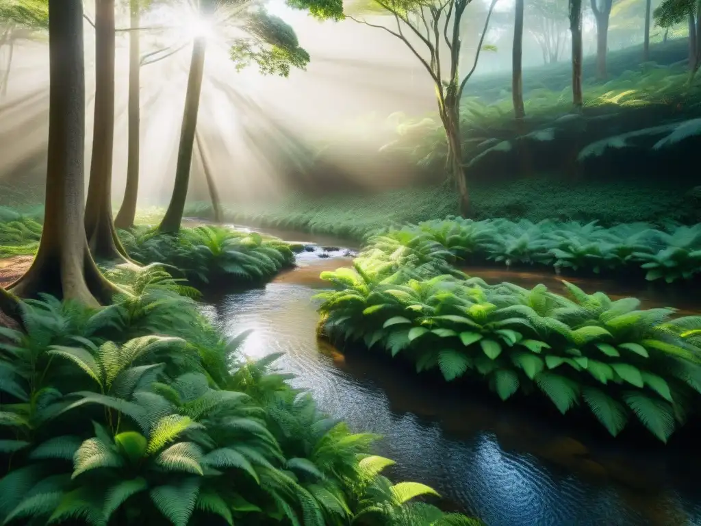 Un bosque exuberante en un Parque Nacional en Uruguay: el sol se filtra entre el dosel, creando sombras en la frondosa vegetación