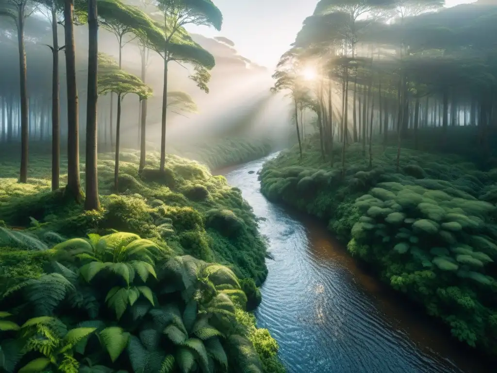 Bosque exuberante en Uruguay con prácticas ecoamigables, reflejando bienestar integral en armonía con la naturaleza