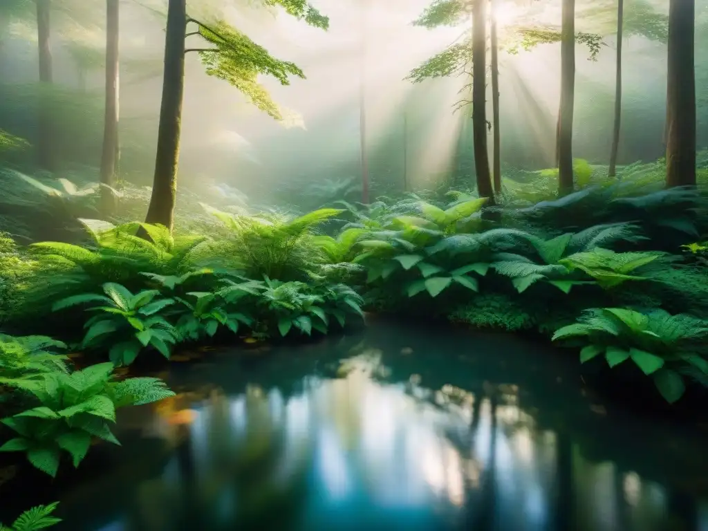 Un bosque exuberante con rayos de sol filtrándose a través de la espesa vegetación, creando sombras moteadas en el suelo