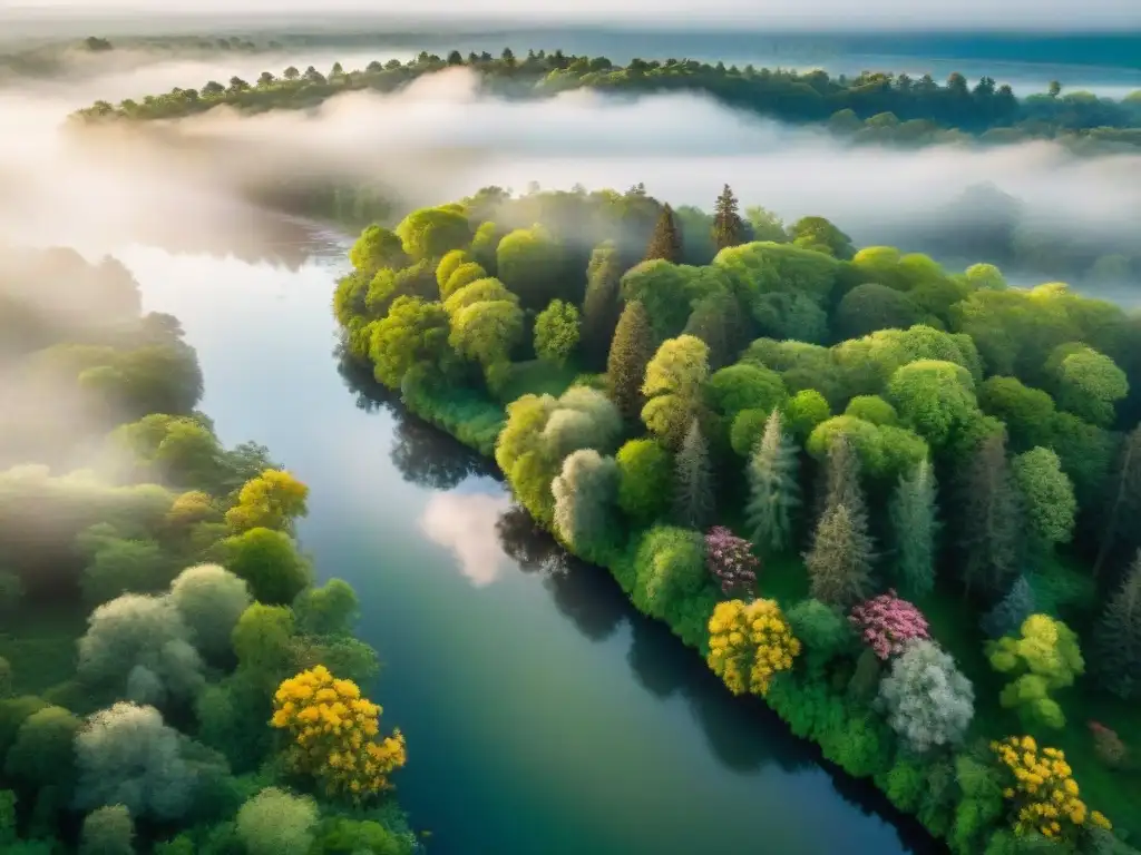 Un bosque exuberante con un río sereno, rodeado de flores silvestres y árboles altos