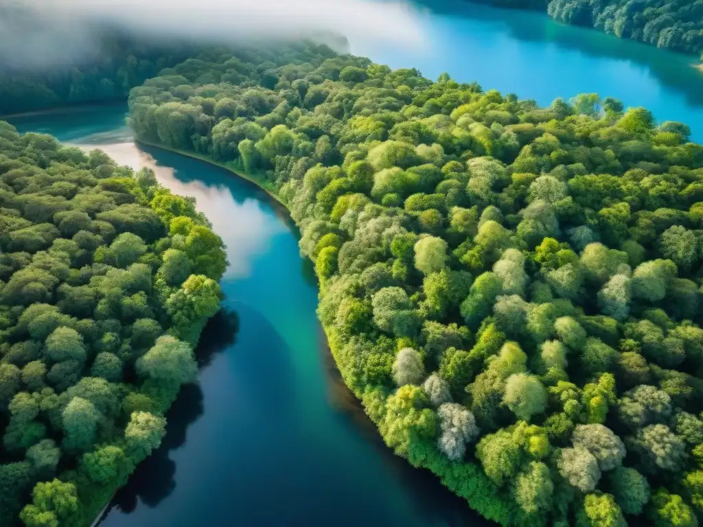 Un bosque exuberante con un río tranquilo bajo el cielo azul: impacto cambio climático salud mental