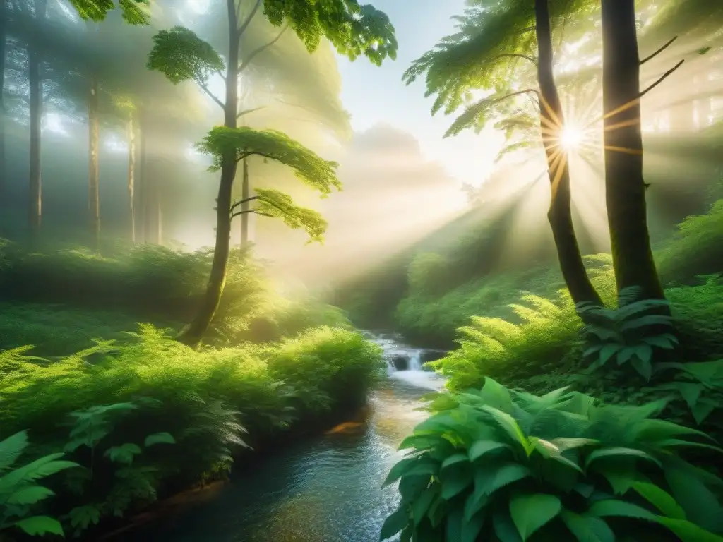 Un bosque exuberante y sereno, con el sol filtrándose entre las hojas