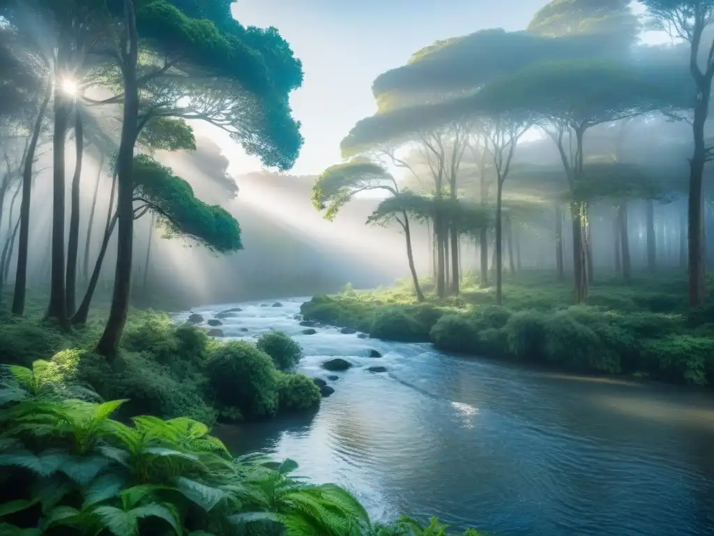 Un bosque sereno en Uruguay, con árboles verdes, río tranquilo y cielo azul