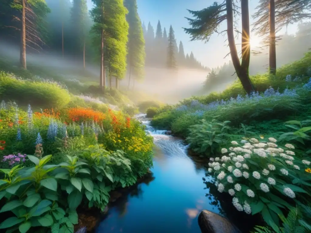 Bosque sereno con árboles verdes, cielo azul, arroyo y mariposas