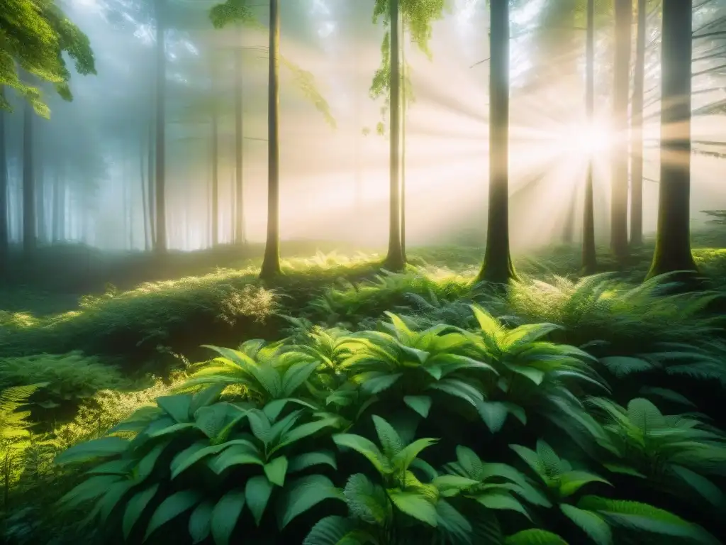 Bosque sereno y exuberante, con luz filtrándose entre hojas