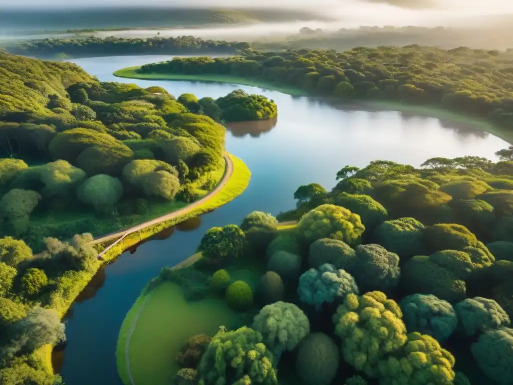 Un bosque sereno en Uruguay con río, flora y fauna vibrante, bañado por la cálida luz del atardecer