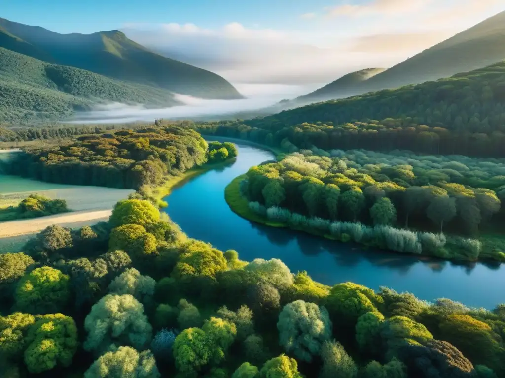 Un bosque sereno en Uruguay bañado de luz dorada, árboles verdes, cielo azul