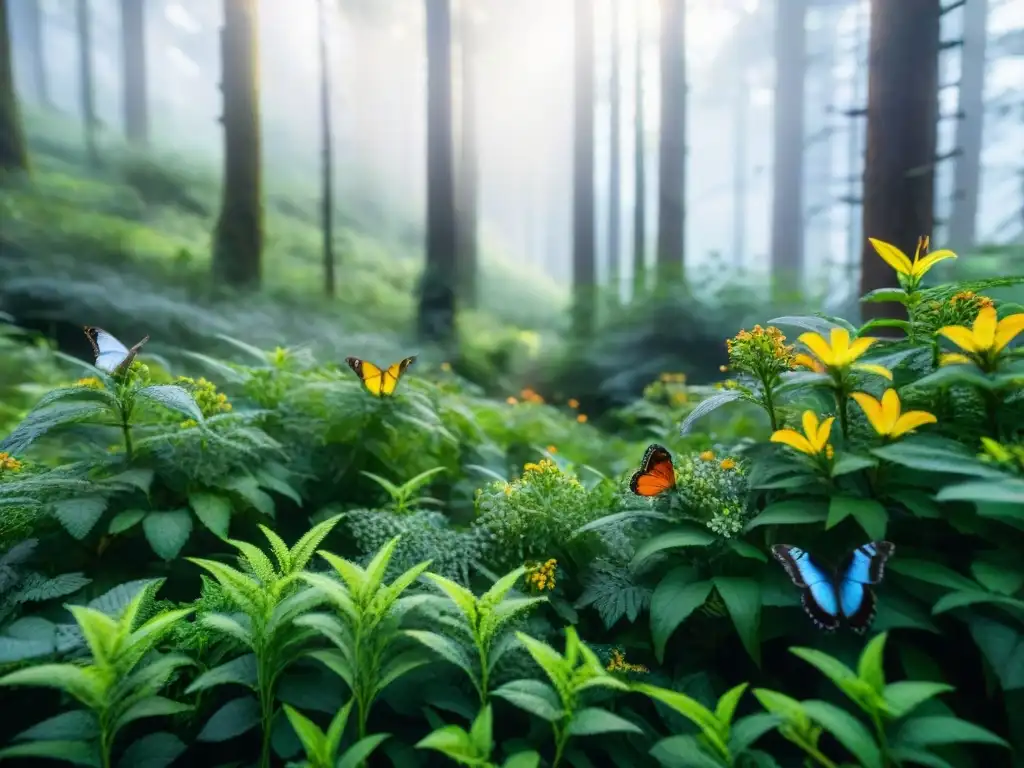 Bosque sereno con mariposas y flores vibrantes, ideal para ejercicios para mejorar salud mental