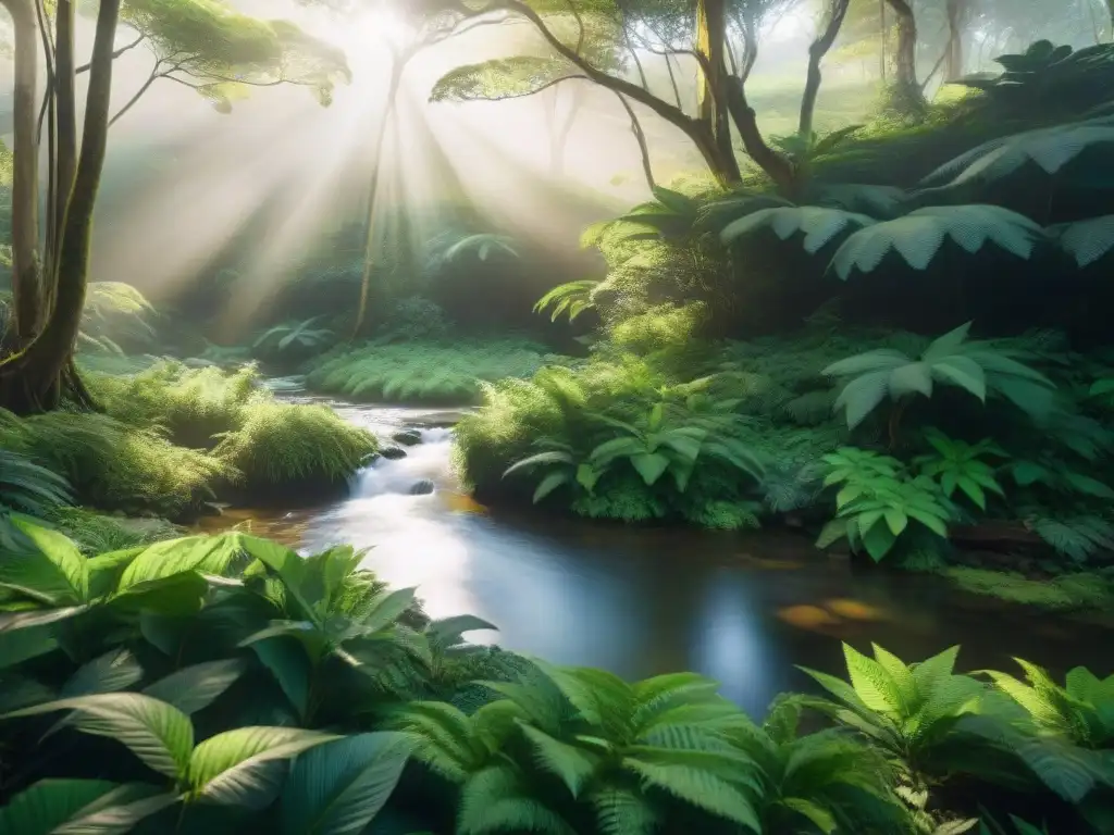 Bosque verde en Uruguay con arroyo tranquilo y aves, transmite serenidad y beneficios del silencio y meditación