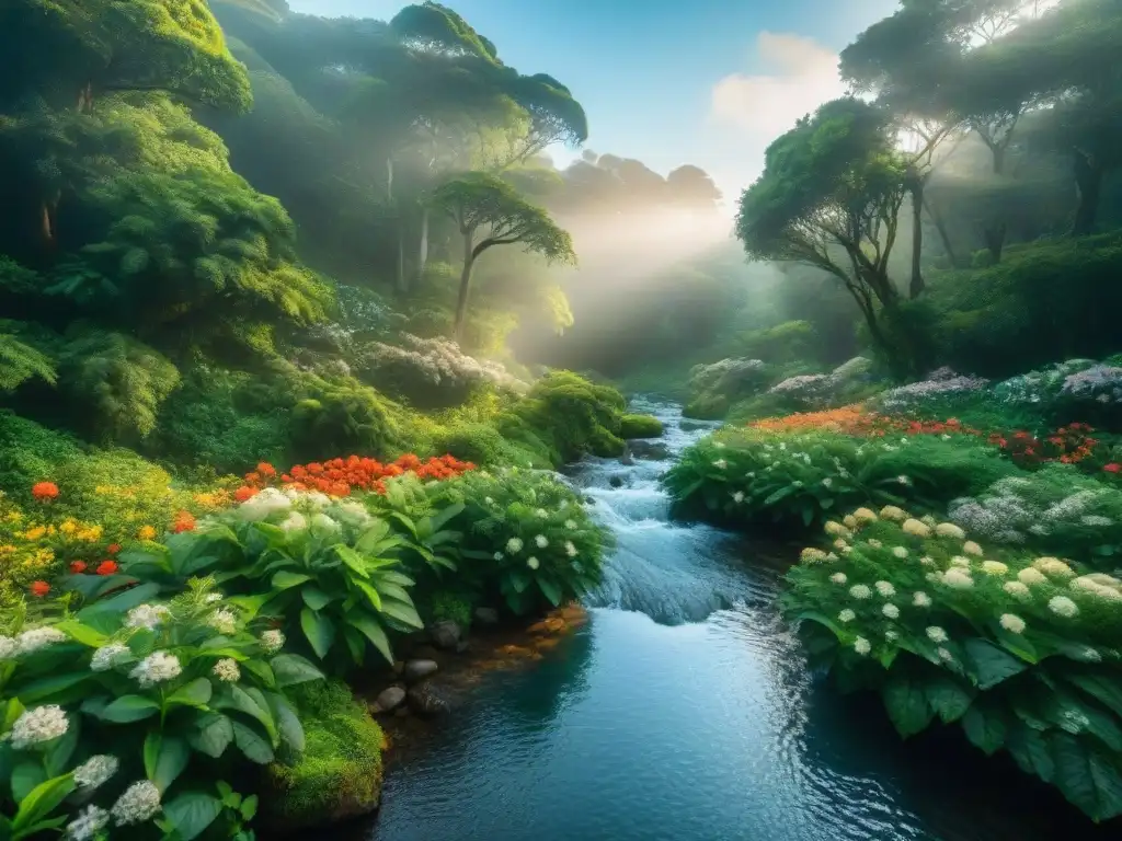 Un bosque verde exuberante en Uruguay con un arroyo cristalino, rodeado de flores vibrantes y árboles altos