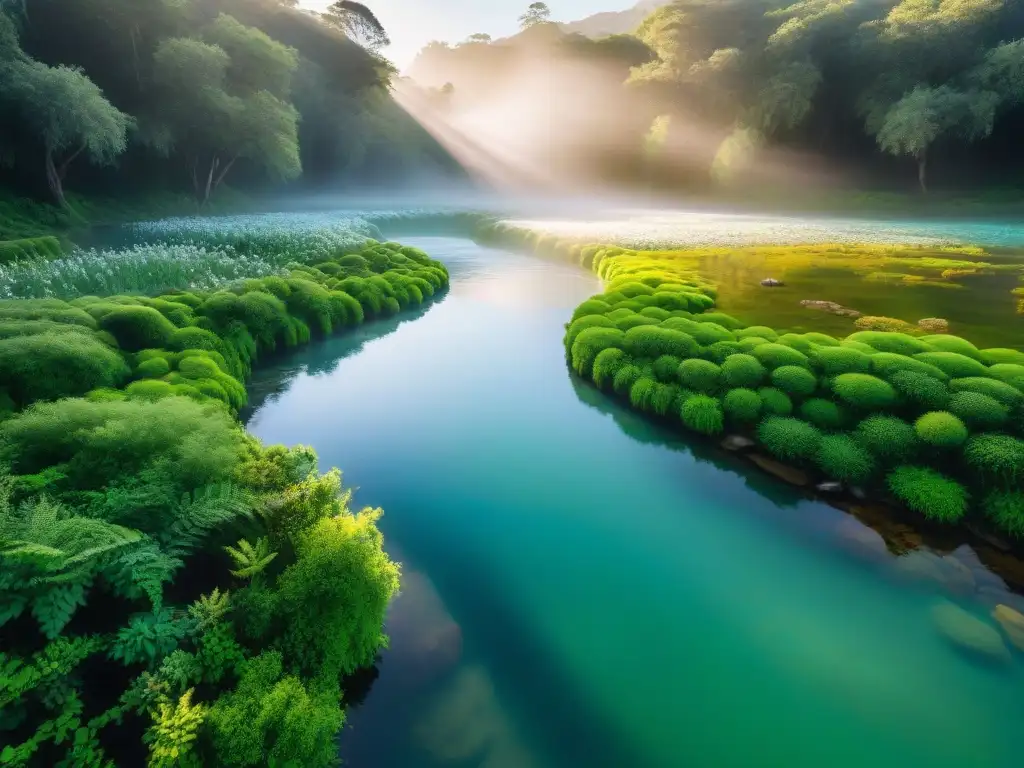 Un bosque verde exuberante con arroyo termal cristalino bajo la luz del sol