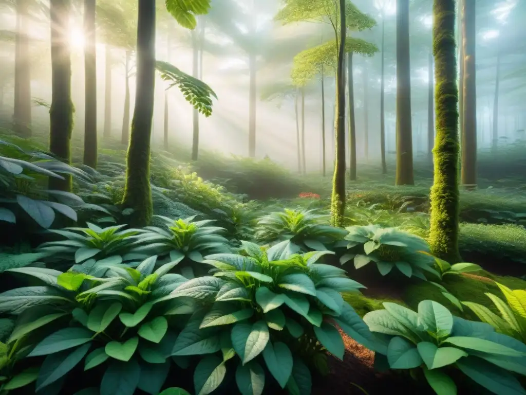 Un bosque verde exuberante con hierbas adaptogénicas coloridas y mariposas revoloteando