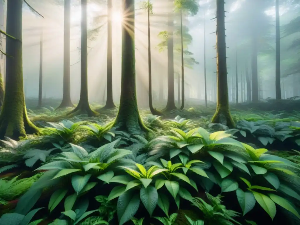 Un bosque verde exuberante con luz solar filtrándose entre el dosel, creando sombras en el suelo