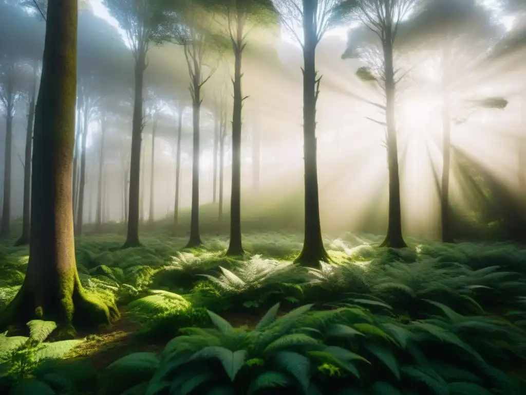 Bosque verde exuberante en Uruguay con luz solar filtrándose entre los árboles, creando un efecto moteado en el suelo del bosque