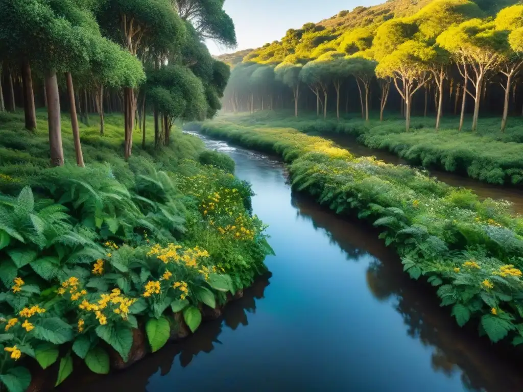 Un bosque verde exuberante en Uruguay con luz solar filtrada entre las hojas, creando sombras en el suelo