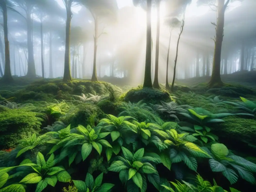 Un bosque verde exuberante en Uruguay, con luz solar filtrándose a través del dosel, resaltando la vibrante vegetación