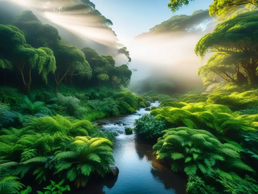 Un bosque verde exuberante en Uruguay, con luz filtrándose entre el dosel, destacando la vegetación vibrante