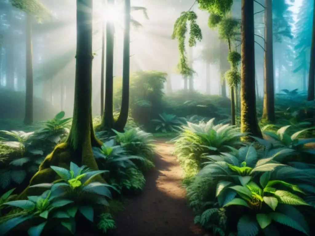 Un bosque verde exuberante con luz solar filtrándose a través del dosel, resaltando la importancia de reducir desperdicio vida sostenible