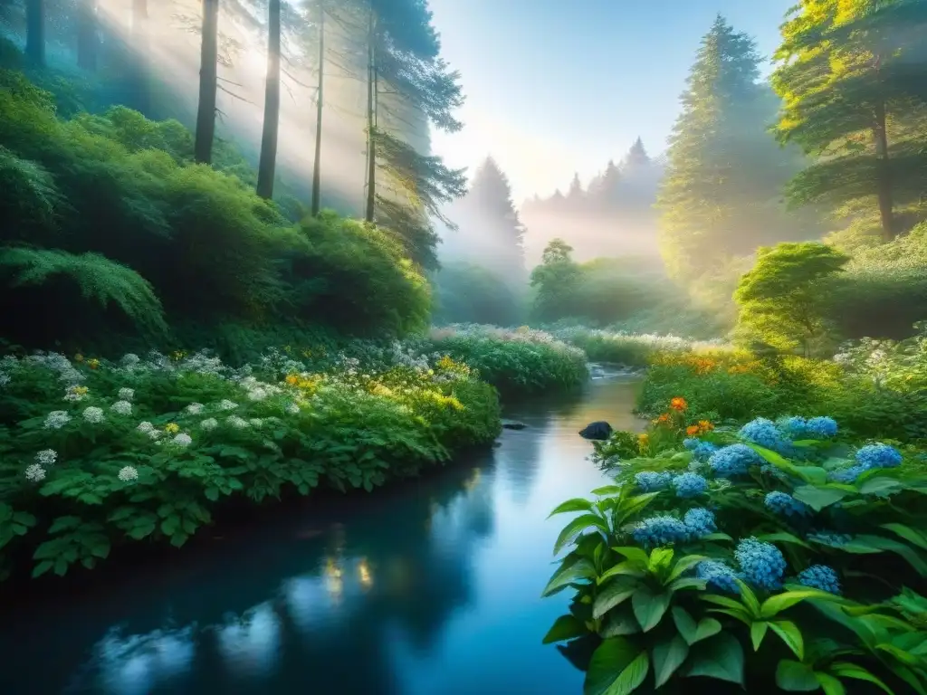 Un bosque verde exuberante con rayos de sol filtrándose entre las hojas, iluminando plantas vibrantes y un arroyo sereno reflejando el cielo azul