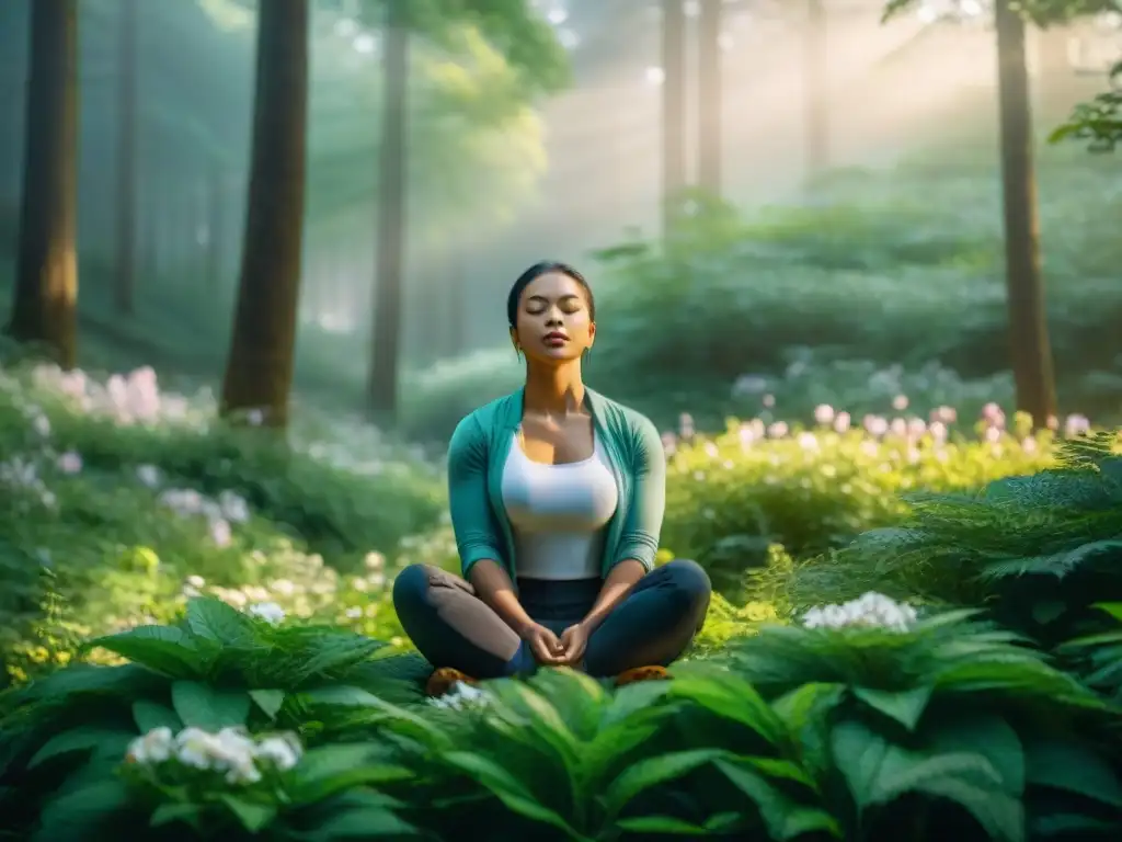 Meditación en un bosque verde con flores y luz dorada