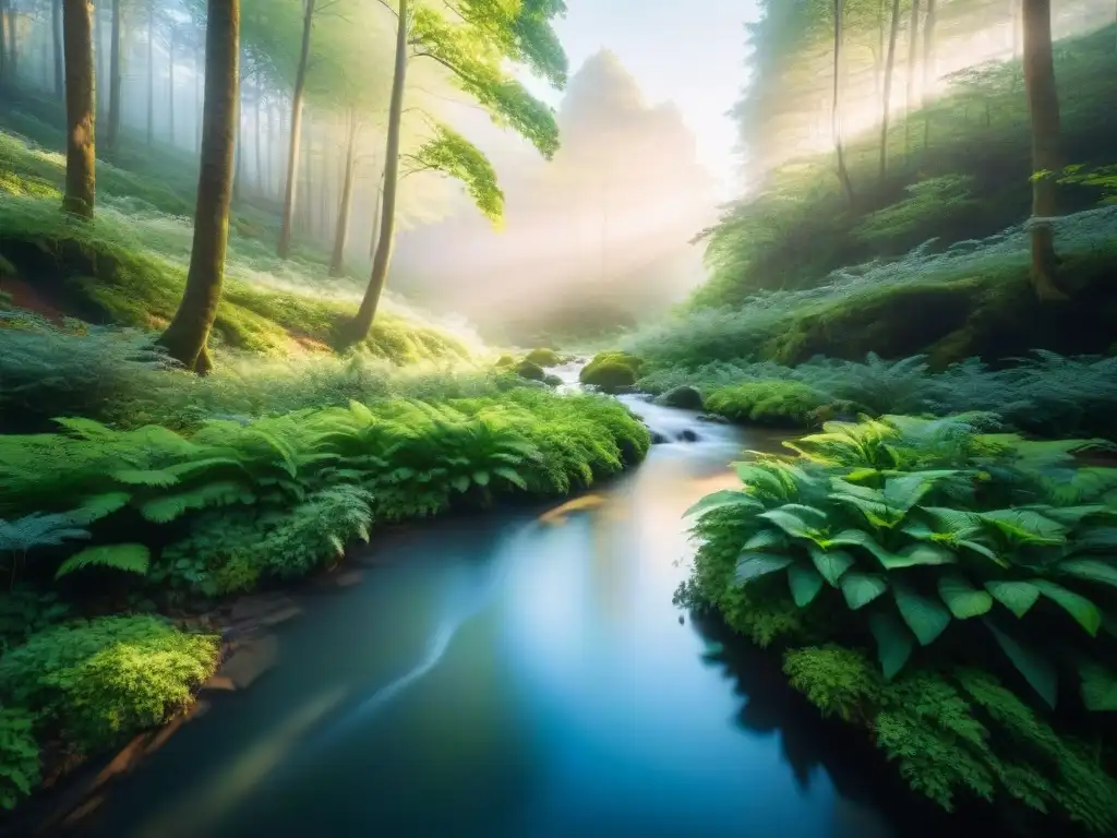 Un bosque verde y sereno con luz solar filtrándose entre las hojas, reflejando tranquilidad y belleza natural