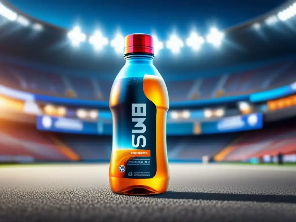 Botella deportiva futurista con diseño vibrante y moléculas de cafeína, en estadio lleno de energía