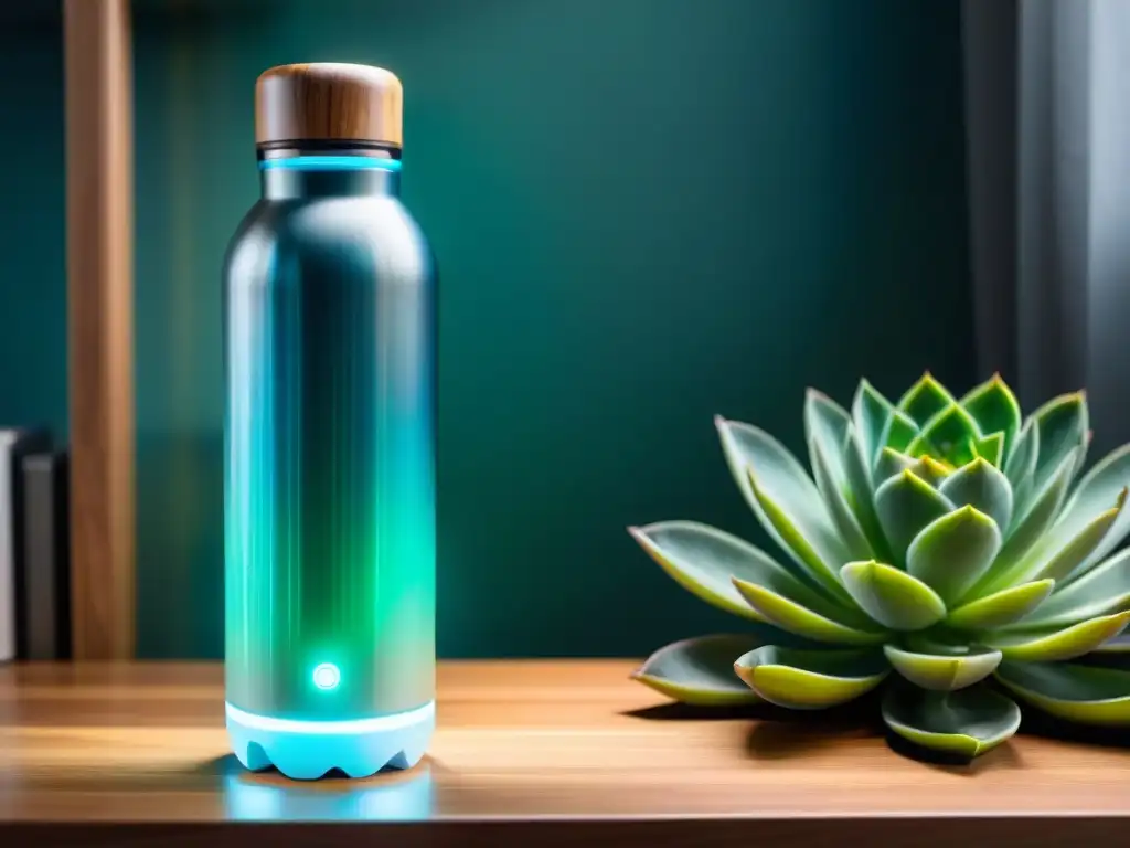 Una botella inteligente para hidratación con diseño futurista y tecnología avanzada, iluminada suavemente, junto a una planta suculenta verde vibrante